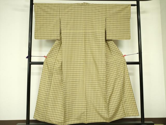 平和屋着物▽上質な紬 　単衣　 格子　正絹　逸品　未使用　DABE1513op_1