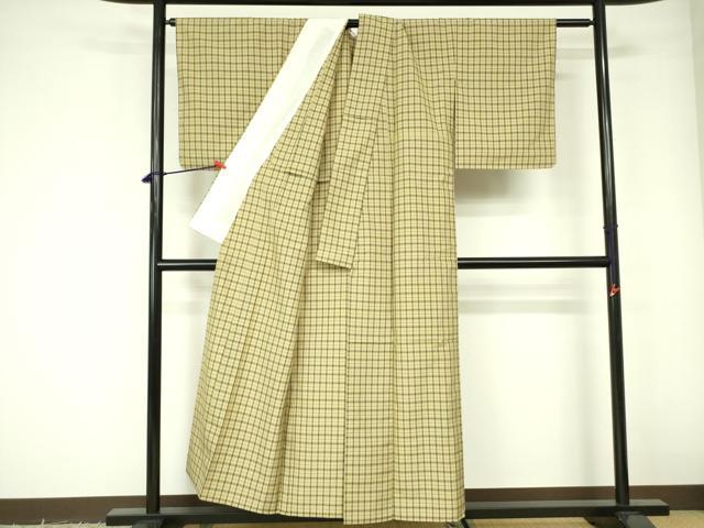 平和屋着物▽上質な紬 　単衣　 格子　正絹　逸品　未使用　DABE1513op_2