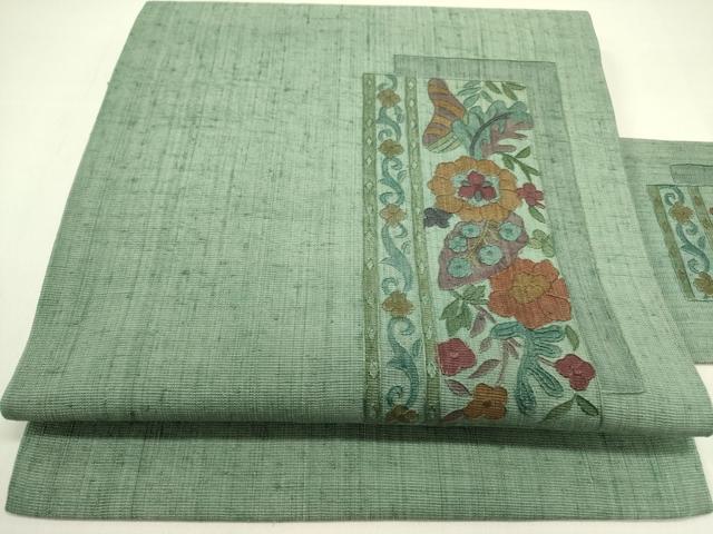 平和屋着物●九寸名古屋帯　紬地　総刺繍　草花　正絹　逸品　DABE1536op