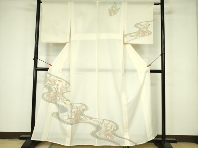 平和屋着物＊夏物　訪問着　絽　駒刺繍　流水草花文　金彩　正絹　逸品　DABE1853op