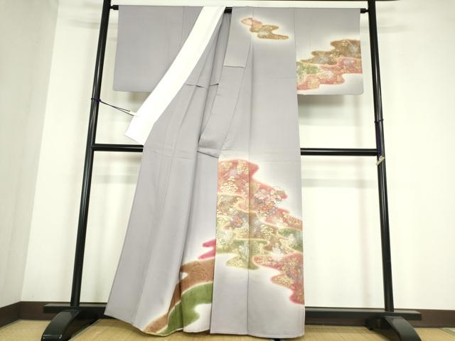 平和屋着物▽中国三大刺繍　スワトウ刺繍　汕頭刺繍　訪問着　単衣　雪輪花文　暈し染め　金彩　正絹　逸品　DABE4189az_1
