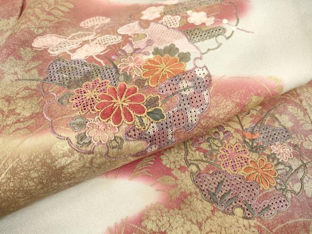 平和屋着物▽中国三大刺繍　スワトウ刺繍　汕頭刺繍　訪問着　単衣　雪輪花文　暈し染め　金彩　正絹　逸品　DABE4189az_5