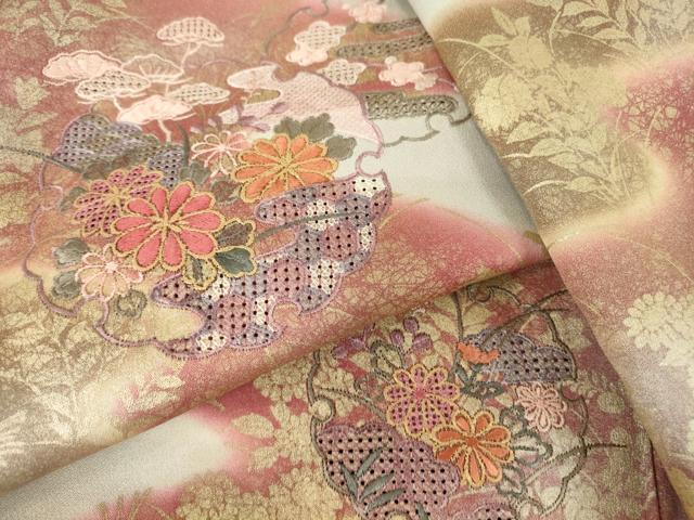 平和屋着物▽中国三大刺繍　スワトウ刺繍　汕頭刺繍　訪問着　単衣　雪輪花文　暈し染め　金彩　正絹　逸品　DABE4189az_8