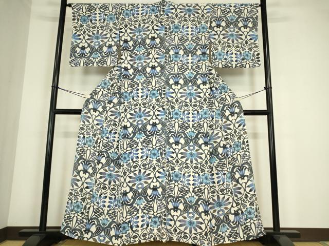 平和屋着物▽上質な小紋　単衣　紅型　洋花文　正絹　逸品　DABE4369az_1