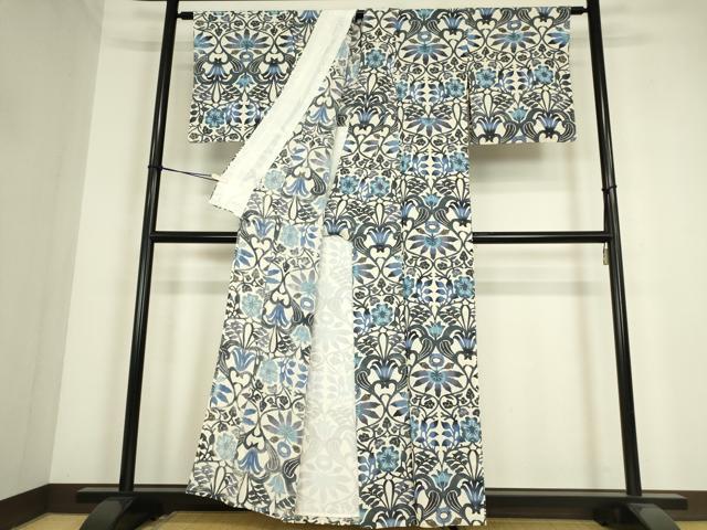 平和屋着物▽上質な小紋　単衣　紅型　洋花文　正絹　逸品　DABE4369az_2
