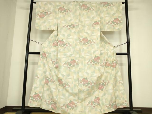 平和屋着物▽上質な紬　単衣　霞取り花文　正絹　逸品　DABE4382az_1