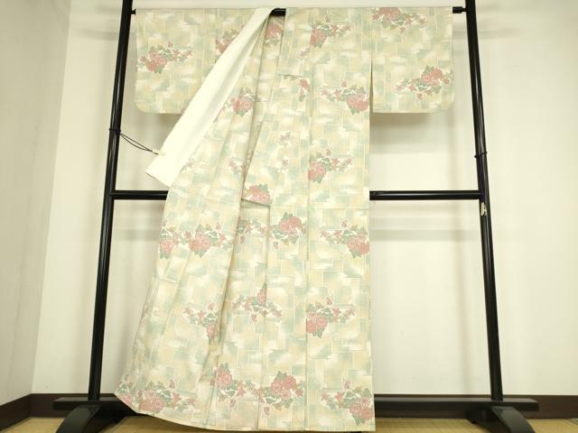 平和屋着物▽上質な紬　単衣　霞取り花文　正絹　逸品　DABE4382az_2
