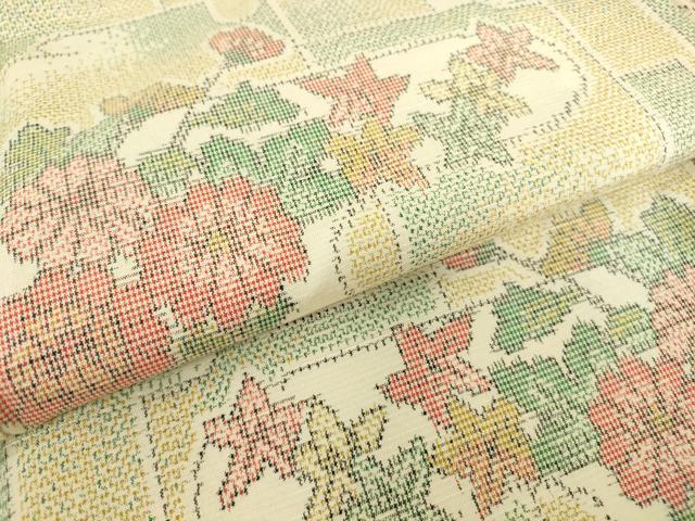 平和屋着物▽上質な紬　単衣　霞取り花文　正絹　逸品　DABE4382az_4