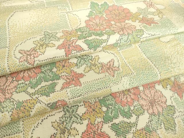 平和屋着物▽上質な紬　単衣　霞取り花文　正絹　逸品　DABE4382az