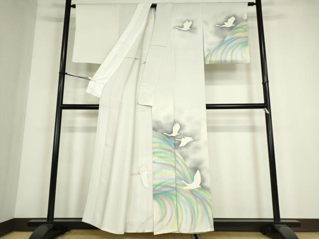 平和屋着物▽訪問着　単衣　飛鶴文　暈し染め　正絹　逸品　DABE4405az_1
