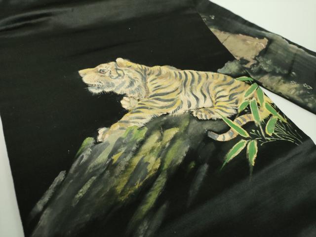 平和屋着物●アンティーク　大正ロマン　九寸名古屋帯　手描き　虎　猪　笹竹　黒地　正絹　逸品　DABE5087ps