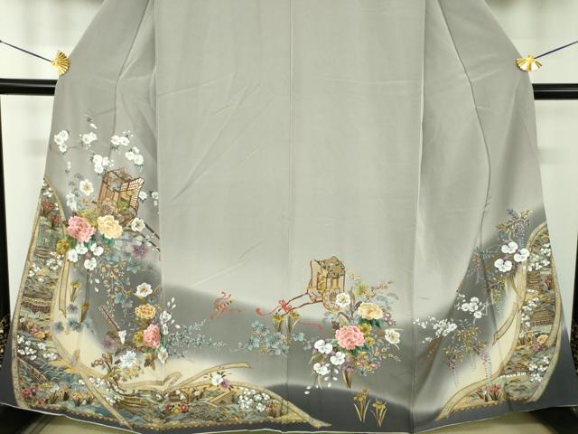 平和屋着物●訪問着　刺繍　御所車風景花文　暈し染め　金彩　正絹　逸品　DABE5161ps_3