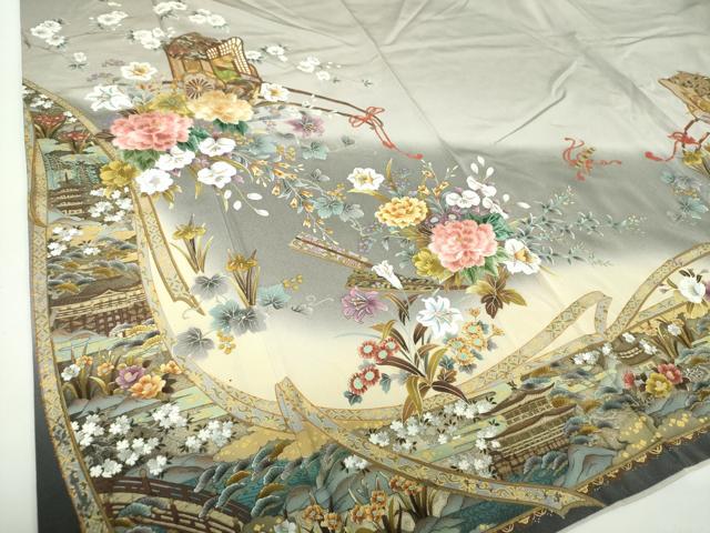 平和屋着物●訪問着　刺繍　御所車風景花文　暈し染め　金彩　正絹　逸品　DABE5161ps_4
