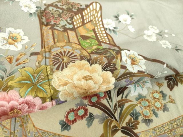 平和屋着物●訪問着　刺繍　御所車風景花文　暈し染め　金彩　正絹　逸品　DABE5161ps_6
