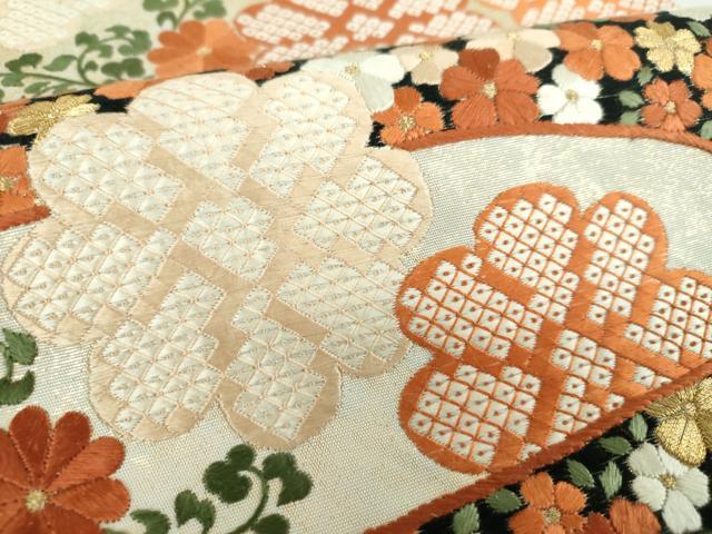 平和屋着物●銀座きしや　太鼓柄袋帯　総刺繍　霞花文　金銀糸　引箔　たとう紙付き　正絹　逸品　DABE5163ps_4