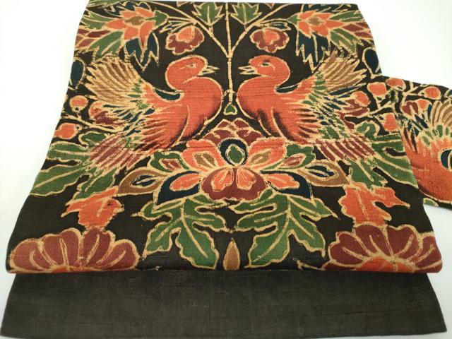 平和屋着物●九寸名古屋帯　紬地　型染　更紗花鳥文　黒地　正絹　逸品　DABE5601ps