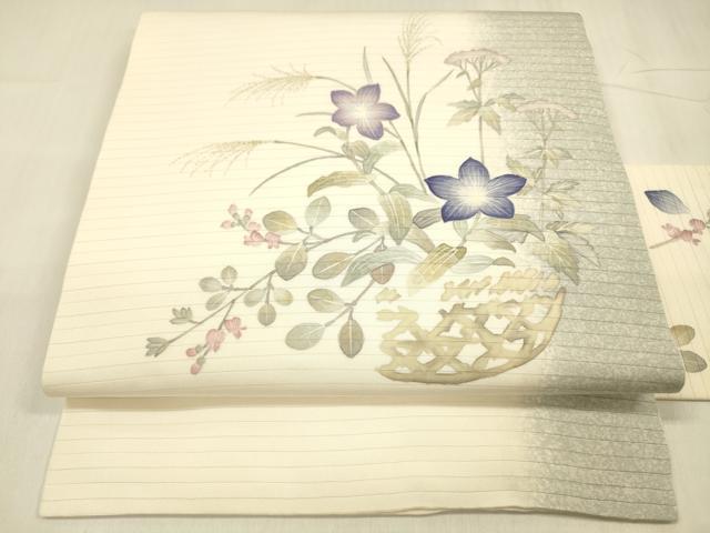 平和屋着物＊夏物　絽塩瀬　九寸名古屋帯　作家物　手描き　籠花文　正絹　逸品　DABE6013cm