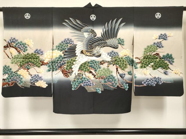 平和屋着物[]七五三　男の子　祝着・襦袢(単衣)・羽織・行灯袴セット　鷹　鷲　松文　暈し染め　金彩　逸品　DABE7022ma_4