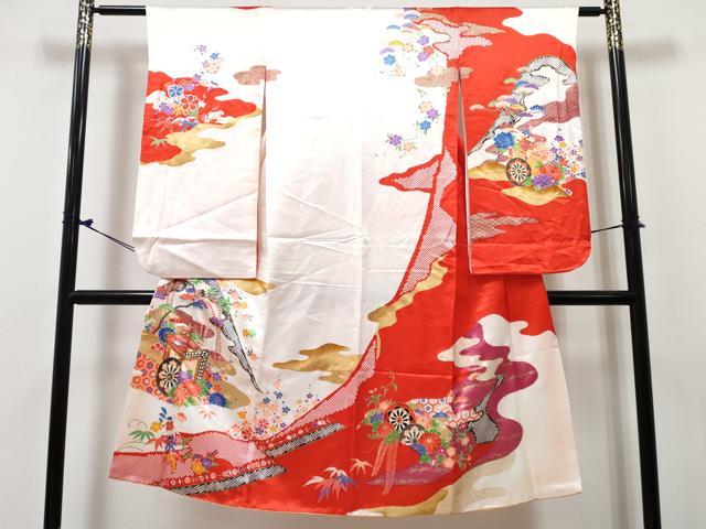 平和屋着物[]七五三　女の子　７歳　祝着　四つ身　駒刺繍　御所車花文　金彩　DABE7436ma