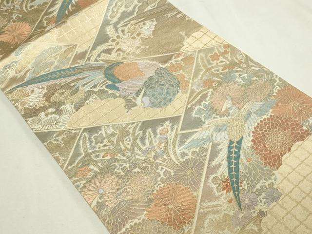 平和屋本店▼六通柄袋帯　尾長鳥花文　本金二重箔　正絹　逸品　DABE9278sf_1
