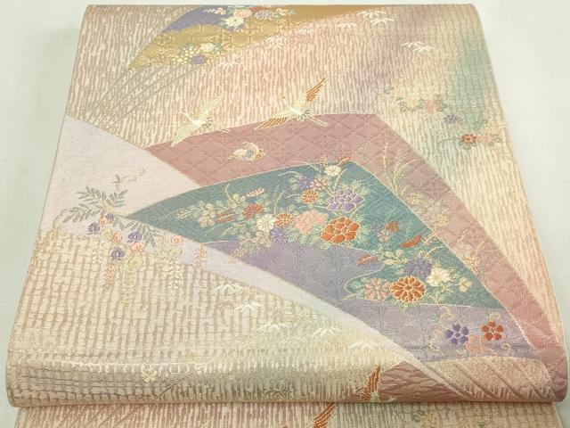 平和屋本店▼六通柄袋帯　飛鶴草花文　慶長錦　純銀金箔　正絹　逸品　DABE9279sf