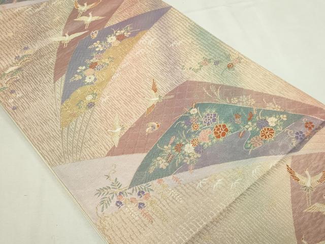 平和屋本店▼六通柄袋帯　飛鶴草花文　慶長錦　純銀金箔　正絹　逸品　DABE9279sf_1