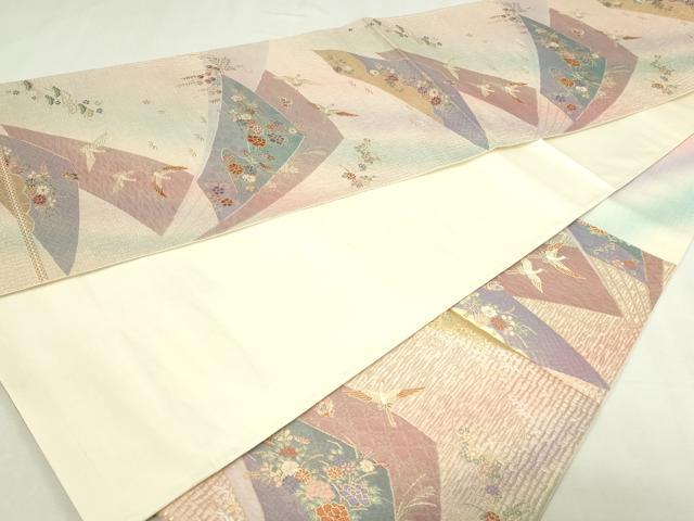 平和屋本店▼六通柄袋帯　飛鶴草花文　慶長錦　純銀金箔　正絹　逸品　DABE9279sf_5