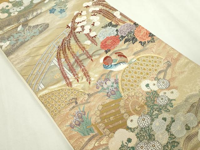 平和屋本店▼六通柄袋帯　唐織　柳橋鴛鴦　本金箔　正絹　逸品　DABE9296sf_1