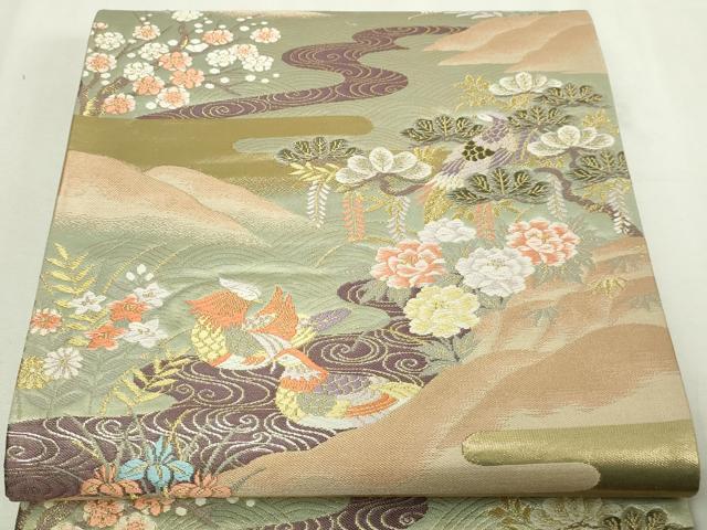 平和屋本店▼六通柄袋帯　唐織　花鳥文　本金箔　正絹　逸品　DABE9308sf