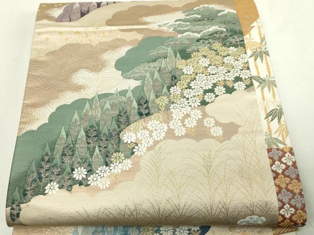 平和屋本店▼六通柄袋帯　唐織　雲取木立小菊　純金箔　正絹　逸品　DABE9315sf