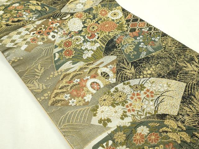 平和屋本店▼六通柄袋帯　地紙鼓花文　金彩　正絹　逸品　DABE9317sf_1