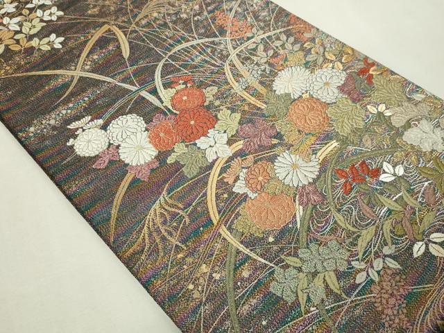 平和屋本店▼六通柄袋帯　蝋金織　草花文　正絹　逸品　DABE9321sf_1
