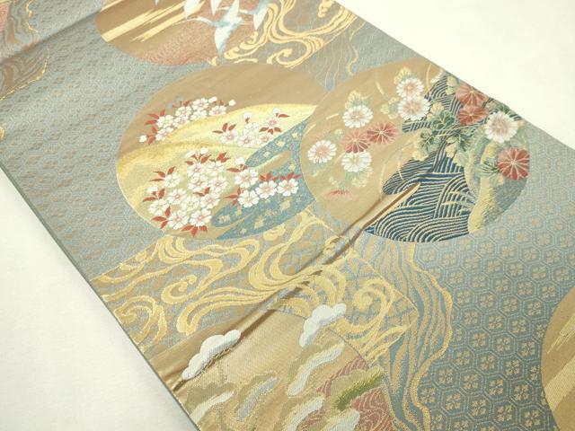 平和屋本店▼六通柄袋帯　飛鶴草花丸文　純金　正絹　逸品　DABE9331sf_1