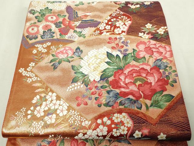 平和屋本店▼六通柄袋帯　唐織　地紙花鳥文　秀水　純金箔　正絹　逸品　DABE9333sf