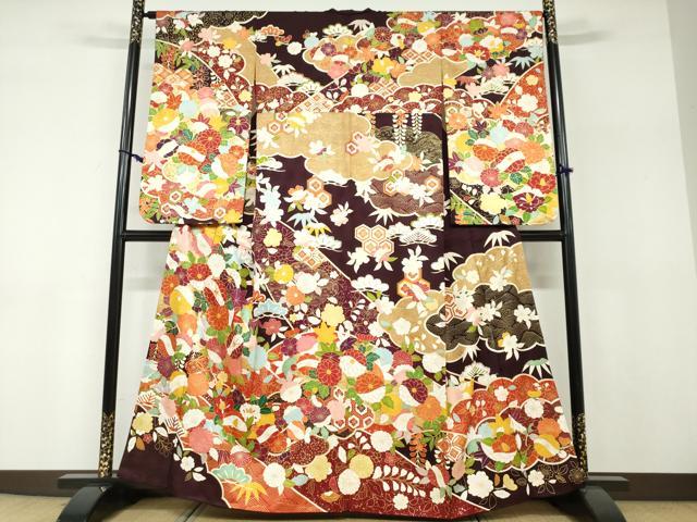 平和屋着物●小振袖　二尺袖　背抜き仕立て　駒刺繍　吉祥草花文　金彩　正絹　逸品　DABF1255ud 33,800円