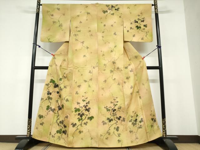 平和屋着物●訪問着　紬地　手描き　蔦の葉文　正絹　逸品　未使用　DABF1730ud