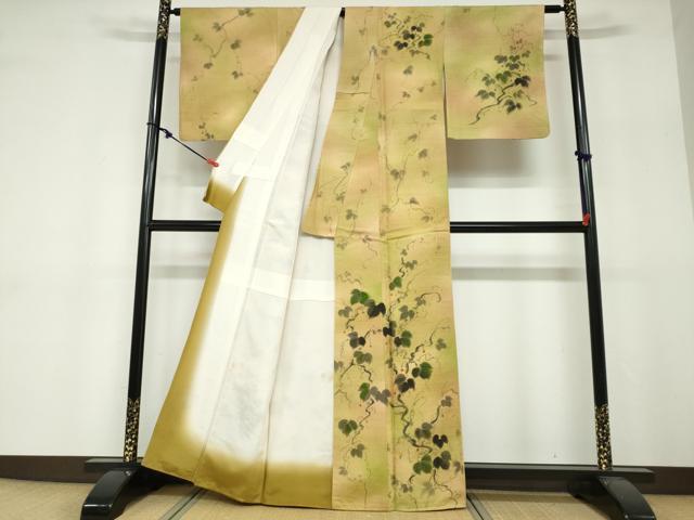 平和屋着物●訪問着　紬地　手描き　蔦の葉文　正絹　逸品　未使用　DABF1730ud_1
