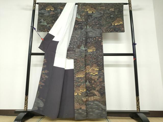平和屋着物●訪問着　駒刺繍　風景草花文　金彩　正絹　逸品　DABF1771ud_1