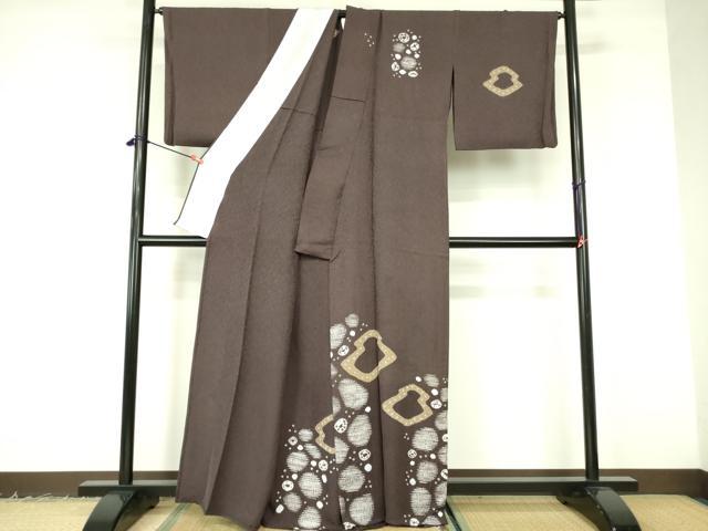 平和屋着物▽訪問着　単衣　杢目絞り　幾何学丸文　正絹　逸品　DABF3127op_1