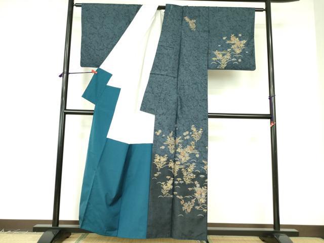 平和屋着物●京友禅の巨匠・頼田勉 臈纈染手描友禅　本場染大島紬　訪問着　草花　暈し染め　金彩　正絹　逸品　DABF3179op_1