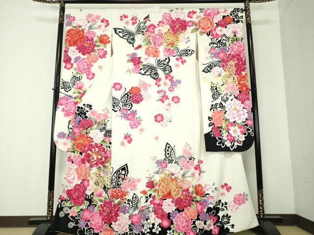 平和屋着物●豪華振袖　刺繍　舞蝶花文　金彩　銀通し地　正絹　逸品　DABF7815ps 38,870円