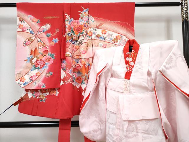 平和屋着物[]七五三　女の子　３歳　祝着　三つ身　長襦袢(袷・半衿刺繍)セット　扇面鴛鴦花文　暈し染め　金彩　逸品　DABG3229ma