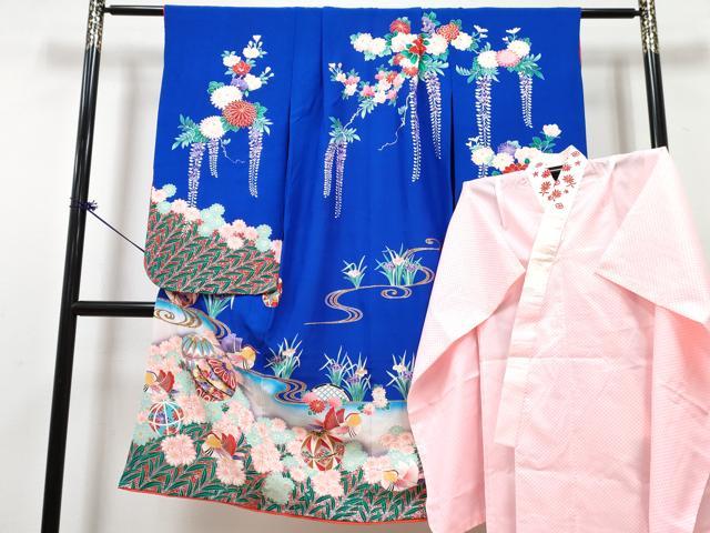 平和屋着物[]七五三　女の子　７歳　祝着　四つ身　長襦袢(単衣・半衿刺繍)セット　鴛鴦鞠花文　金銀彩　逸品　DABG3281ma
