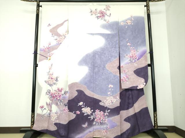 平和屋着物○森英恵・HANAE MORI 振袖 流水舞蝶花文 暈し染め 金彩 金