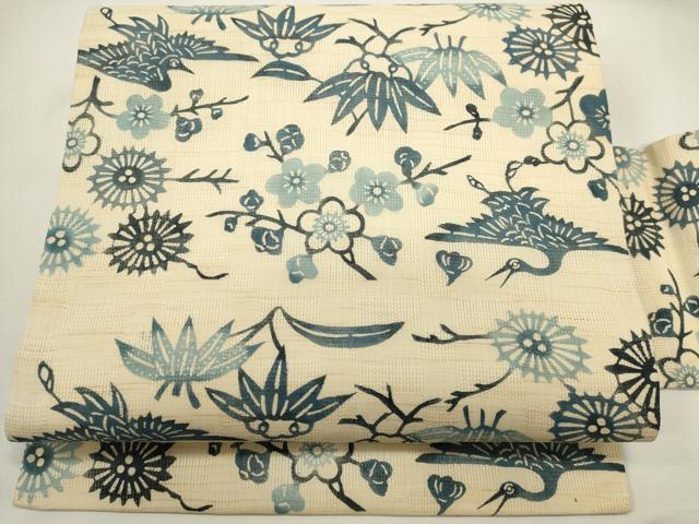 平和屋着物＊夏物　九寸名古屋帯　藍　型染め　花鳥文　麻　逸品　DABH1785cd 12,715円