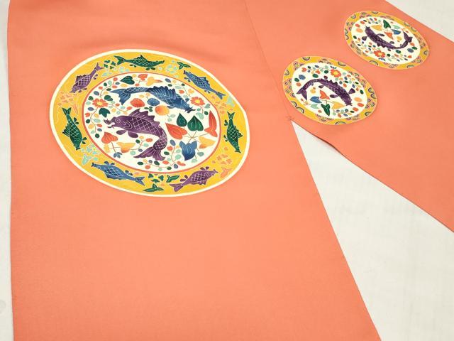 平和屋着物●塩瀬　名古屋帯　帯反物　友禅作家物　魚　花絵皿文　上代33万円　逸品　未使用　DABH3524zy 32,110円