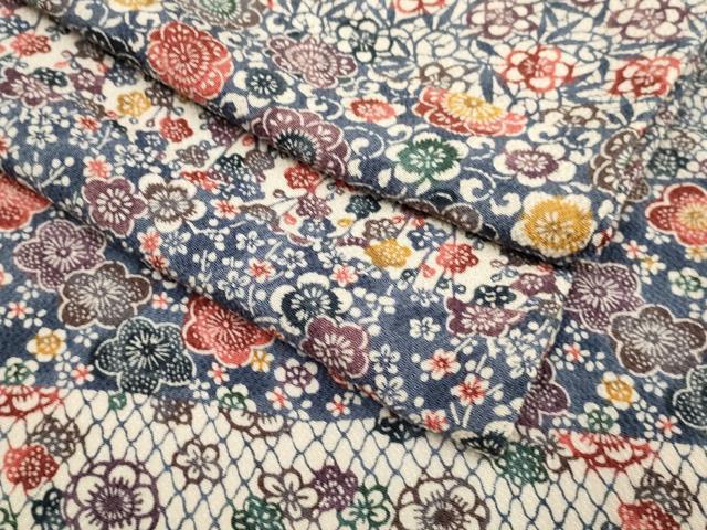 平和屋着物▽上質な小紋　単衣　型染　横段梅文　鬼しぼ縮緬　正絹　逸品　DABH4683du