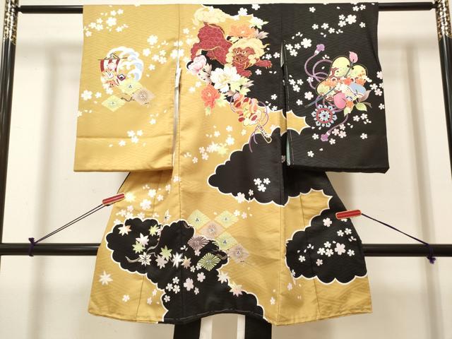 平和屋着物[]お宮参り　男の子　祝着　産着　初着　のしめ　刺繍　唐獅子花文　宝尽くし　黒地　金彩　未使用　DABH5159ea　