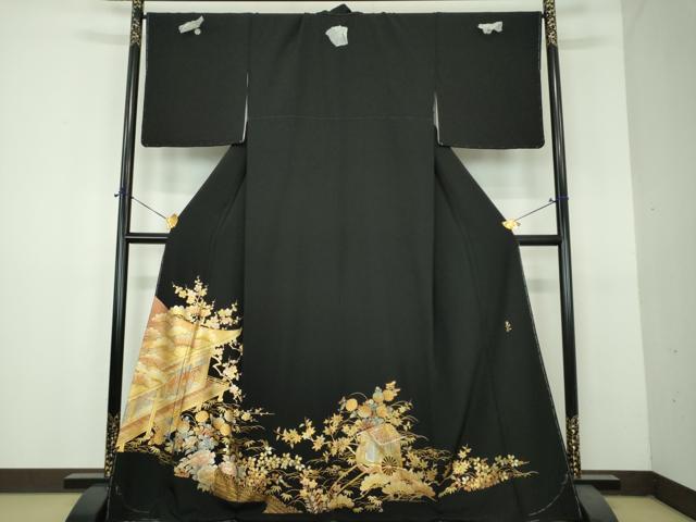 平和屋着物●金彩友禅　卓越技能者・名工・和田光正　黒留袖　御所車風景花文　金銀彩　正絹　逸品　DABH9125ps 33,800円
