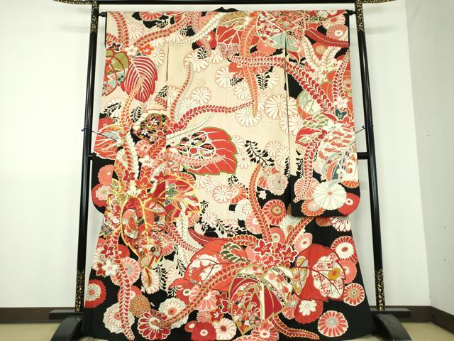 平和屋本店●アンティーク　大正ロマン　振袖　駒刺繍　鼓吉祥鳳凰花文　黒地　金銀彩　正絹　逸品　DABH9223ps
